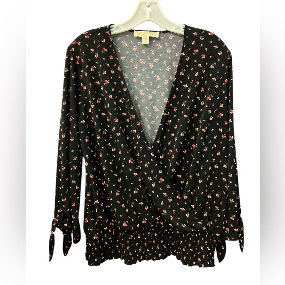 MICHAEL Michael Kors Black and Red Floral Print Wrap Smocked Waist Blouse Large